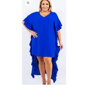 Boutique Flowing Blue Ruffled‎ Kaftan Dress With V-Neck & Tie Back High Low